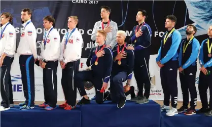  ??  ?? Race Imboden and Miles Chamley-Watson are among the US athletes to have protested during a medal ceremony. Photograph: Devin Manky/Getty Images