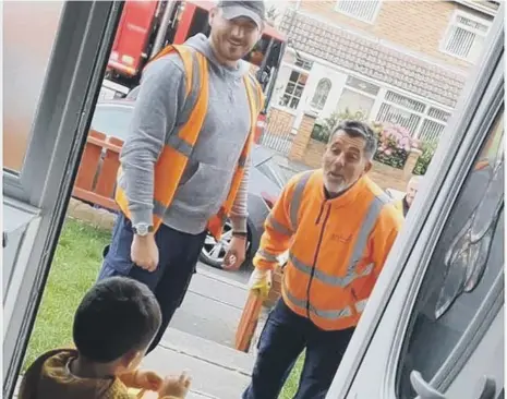  ??  ?? Leanne Alderson snapped these photos of Sunderland City Council’s bin collection team sing Happy Birthday to son Blake, after handing over an early birthday gift.