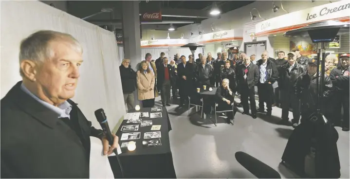  ?? RIC ERNST FILES ?? John McKeachie speaks at a Nat Bailey Stadium celebratio­n of life service for the late Province sports journalist Clancy Loranger in 2010.