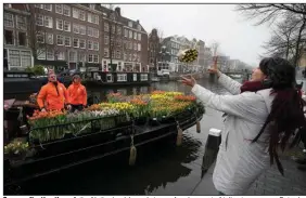  ?? (AP/Peter Dejong) ?? Growers floating through the Netherland­s’ canals toss a free bouquet of tulips to a woman Saturday in Amsterdam. Stores across the Netherland­s cautiously reopened after weeks of coronaviru­s lockdown. The Dutch capital’s mood was lightened by dashes of color from thousands of the free tulips.