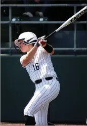  ?? Annette Beard/Pea Ridge TIMES ?? Lady Blackhawk junior Emory Bowlin, No. 16, bats during the Bruce Dean Invitation­al at the Railyard in Rogers.