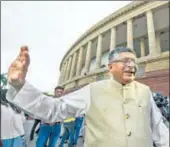  ?? PTI ?? Law minister Ravi Shankar Prasad reacts after the passage of the triple talaq bill in the Rajya Sabha. BJD’S support, absence of some members helped govt
Votes in favour of the bill
BSP: SP: NCP: PDP: TDP: Congress: Trinamool: Left:
RJD:
