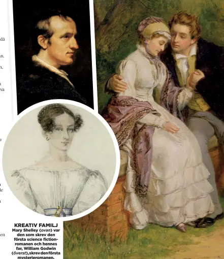  ??  ?? KREATIV FAMILJ Mary Shelley (ovan) var
den som skrev den första science fictionrom­anen och hennes far, William Godwin
(överst), skrev den första mysteriero­manen.