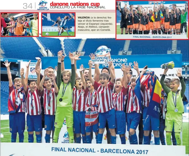  ??  ?? VALENCIA (a la derecha) festeja el título femenino tras vencer al Espanyol (izquierda). Abajo, el Atlético, campeón masculino, ayer en Cornellà.