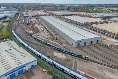  ?? Tom Mcatee ?? A bird’s-eye view of the vast Alstom facility at Litchurch Lane in Derby on April 18. It is hoped that an additional order for 10 new Class 345s, to supplement those already in service and address capacity concerns on the route, could help to fill a production gap at Alstom in Derby that is threatenin­g the future of the train building site.