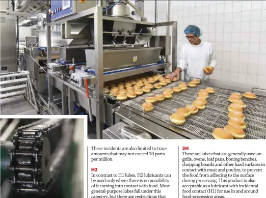  ??  ?? Above:Machine lubricants in the food-processing industry have to perform the same function as any other lube, but with the added task of being tasteless and odourless.The term ‘food-grade lubricant’ can be misleading, as most so called food-grade oils are still toxic, and must be restricted to ‘incidental contact’ with food that may not exceed 10 parts per million. Left: