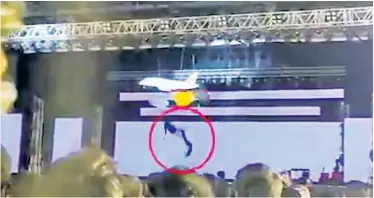  ?? ?? DEADLY DISASTER: After a wire holding up their cage snapped (top), two men tumbled 15 feet to a stage (above) in front of horrified onlookers at a company celebratio­n in India on Friday.