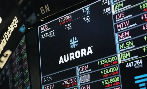  ?? MICHAEL NAGLE / BLOOMBERG ?? Aurora Cannabis Inc. reports earnings Monday, followed by Cronos Group Inc. and Tilray Inc. on Tuesday and Canopy Growth Corp. on Wednesday.