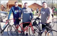  ?? SALLY CARROLL/MCDONALD COUNTY PRESS ?? Riding buddies, Ryan Crawford, left, Bobby Cole and Charles Thacker, take a break after completing their 13-mile bike ride as part of Saturday morning’s 2nd Annual Trailblaze­r event.