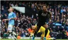  ?? Photograph: Alex Livesey/Getty Images ?? Adama Traore celebrates the first of his two goals for Wolves at the Etihad Stadium in October.