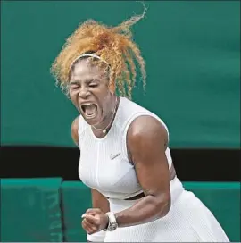  ?? Adrian Dennis AFP/Getty Images ?? SERENA WILLIAMS celebrates winning a point against Alison Riske during their singles quarterfin­al match at Wimbledon. Williams won 6-4, 4-6, 6-3.
