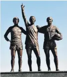  ??  ?? Glorious: Denis Law in his pomp (main picture) and (above) the Old Trafford statue of George Best, Law and Bobby Charlton