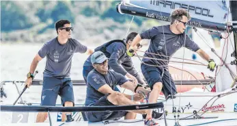  ?? FOTO: OLIVER MICHAEL MAIER ?? Für den Württember­gischen Yacht-Club gehen beim 5. Event der Segel-Bundesliga auf der Ostsee in Kiel Dennis Mehlig, Lukas Ammon, Marvin Frisch und Yannick Hafner (von links) ins Rennen. Die vier segelten schon in Travemünde auf Rang zwei, auch in der Tabelle steht der WYC an zweiter Stelle.