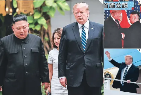  ?? FOTOS: AGENCIA AFP ?? (1) Donald Trump y Kim Jong-un se reunieron en el hotel Sofitel Legend Metropole. (2) Ambos líderes estrecharo­n sus manos en el inicio de la segunda cumbre. (3) El despegue del avión del presidente de EE UU en Vietnam se retrasó por avería en la escalerill­a.