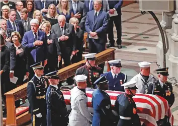  ?? AP ?? Former US president Bill Clinton, and former US vice-presidents Dick Chenney and Al Gore with their spouses at the funeral service for the late Senator John McCain yesterday.