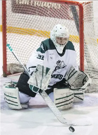  ?? LIAM RICHARDS ?? Taran Kozun, a former WHL goalie of the year with the Seattle Thunderbir­ds, will take over the starting role in the University of Saskatchew­an net during the Canada West final against the University of Alberta.