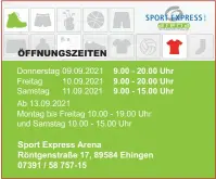  ??  ?? Sport Express Arena Röntgenstr­aße 17, 89584 Ehingen 07391 / 58 757-15