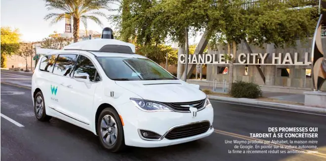  ?? !WAYMO" ?? DES PROMESSES QUI TARDENT À SE CONCRÉTISE­R
Une Waymo produite par Alphabet, la maison mère de Google. En pointe sur la voiture autonome, la firme a récemment réduit ses ambitions.