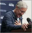  ?? LINDSEY WASSON — THE ASSOCIATED PRESS ?? Pete Carroll becomes emotional at a news conference after it was announced he will not return as Seattle's head coach next season.