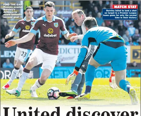  ?? Main picture: JASON CAIRNDUFF ?? FIND THE GAP: Rooney evades Burnley’s defence to score United’s second goal Burnley failed to land a shot on target in a Premier League home game for only the second time in their history