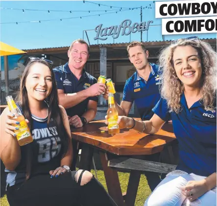  ?? HAPPY ATMOSPHERE: Skye Schafer, Rachel Day, Glen Hall and Michael Luck enjoy the new garden bar at 1300SMILES Stadium. ??