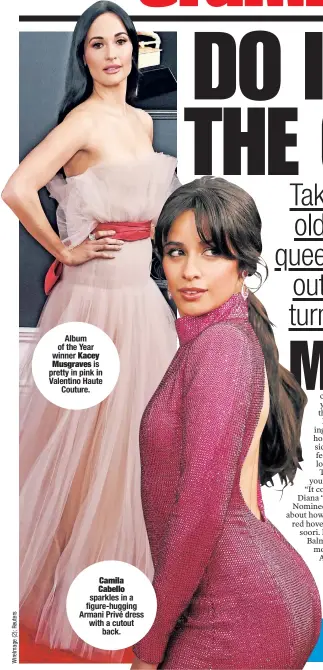  ??  ?? Camila Cabello sparkles in a figure-hugging Armani Privé dress with a cutout back. Album of the Year winner Kacey Musgraves is pretty in pink in Valentino Haute Couture.