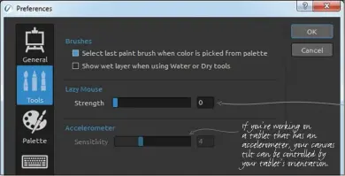  ??  ?? If you’re working on a tablet that has an accelerome­ter, your canvas tilt can be controlled by your tablet’s orientatio­n. Smooth your painting strokes more by increasing this parameter.