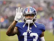  ?? Seth Wenig / Associated Press ?? Then-New York Giants wide receiver Odell Beckham Jr. gestures prior a game against the Chicago Bears in East Rutherford, N.J. in 2018.