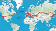  ??  ?? Mayers Weltreise startet am 30. Juni in Madrid und führt Richtung Osten, über die Türkei nach Asien. Per Flieger setzt er über nach Amerika, quert die USA und fliegt wieder zurück nach Europa: rund 26 000 Kilometer.