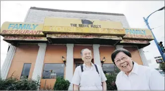  ?? RIC ERNST/ PNG ?? Top photo: Owners Frank, right, and Linda Lum share a laugh inside the The Brave Bull’s House of Steaks Family Restaurant on East Hastings. Bottom photo: The Lums outside of the restaurant.