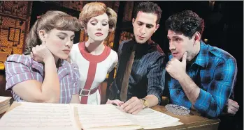  ?? JOAN MARCUS ?? Sarah Bockel (as Carole King), Alison Whitehurst (as Cynthia Weil), Jacob Heimer (as Barry Mann) and Dylan S. Wallach (as Gerry Goffin) star in Beautiful — The Carole King Musical.