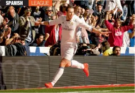  ?? — AP ?? Real Madrid’s Gareth Bale celebrates after scoring against Leganes in their La Liga match at Santiago Bernabeu in Madrid on Sunday. The hosts won 3-0.