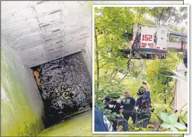  ??  ?? First responders at work Sunday morning after a 47-year-old man fell into a storm drain (left) in a wooded area of the Whitestone Expressway. The man, who had a broken ankle, had been trapped for hours.