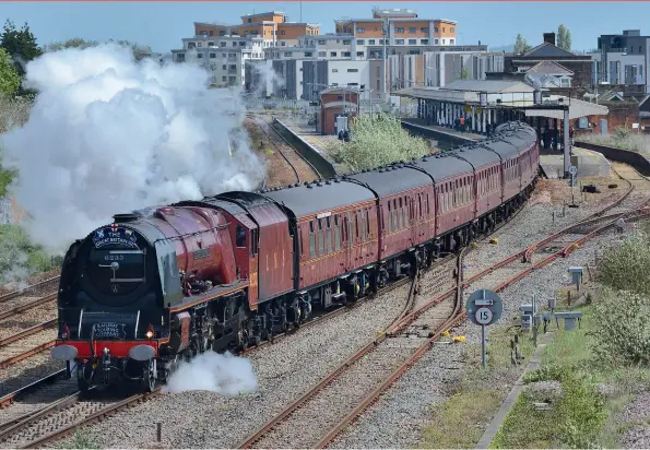  ??  ?? ABOVE: Railway Touring Company’s ‘The Great Britain XII’, Day 1 of 9 on April
27, 2019 as LMS Coronation Class 8P 4-6-2 6233 Duchess of Sutherland departs
Taunton with the 1Z20 (0805) London
Paddington to Plymouth. The loco is in strong demand for throughout 2021.
(Stephen Ginn)