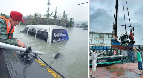  ?? ZHAO HUI / FOR CHINA DAILY PROVIDED TO CHINA DAILY ?? Left: A rescuer checks a flooded vehicle in Guiyang, Guizhou province, on Monday.
Right: Fishermen move their vessel to safety in Shenzhen, Guangdong province, before the arrival of Typhoon Merbok on Monday.