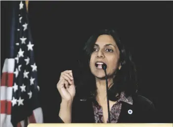  ?? AP PHOTO/ELAINE THOMPSON ?? New Seattle City Councilmem­ber Kshama Sawant speaks during an inaugurati­on ceremony for city officials in 2014, in Seattle.