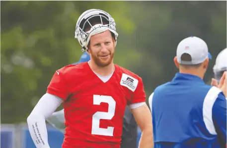  ?? JUSTIN CASTERLINE/GETTY IMAGES FILES ?? Colts quarterbac­k Carson Wentz will be working to absorb a new offence over the next 2½ weeks after returning from foot surgery. He suffered the injury in training camp back on July 29 and was supposed to be out anywhere from five to 12 weeks.