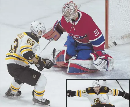  ?? AP PHOTO ?? POINTS MADE: Brad Marchand (63) beats Carey Price for the winning goal in the shootout and celebrates with Patrice Bergeron (inset), capping the Bruins’ 4-3 victory against the Canadiens last night in Montreal.