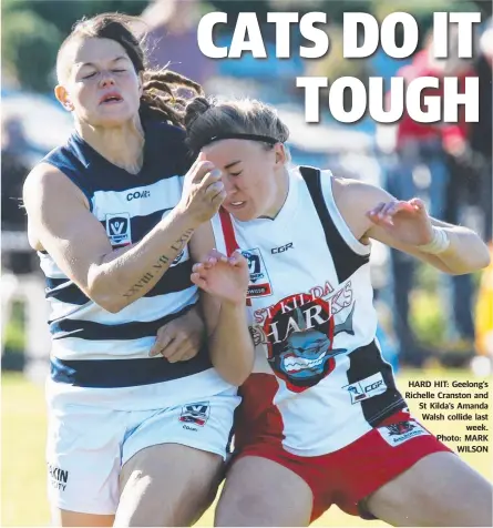  ??  ?? HARD HIT: Geelong’s Richelle Cranston and St Kilda’s Amanda Walsh collide last week. Photo: MARK WILSON