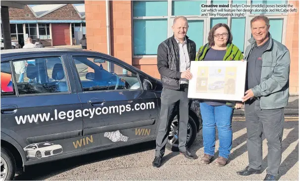  ?? ?? Creative mind Evelyn Crow (middle) poses beside the car which will feature her design alonside Jed McCabe (left) and Tony Fitzpatric­k (right)