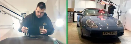  ??  ?? Chris Bell at HD Valeting and Detailing applies Fabsil water proofer to Boxster’s roof. Right: Bake off, as solution is cured