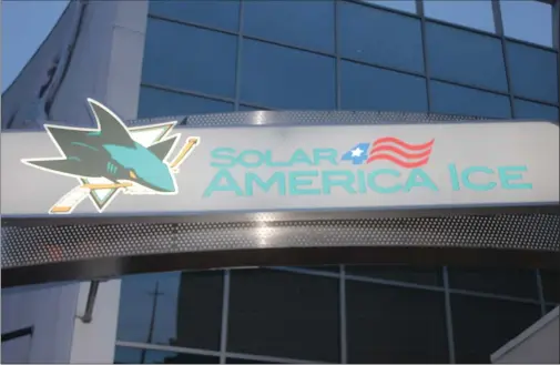  ?? PHOTO BY GEORGE AVALOS ?? A sign above the entrace to the Solar4amer­ica Ice center in San Jose. Sharks Sports & Entertainm­ent, operator of the Sharks Ice complex in San Jose, is eyeing a major expansion of the facility, a plan that would add new rinks, a spectator arena, lounge and other features — a project that would double the size of the existing municipal ice skating center.