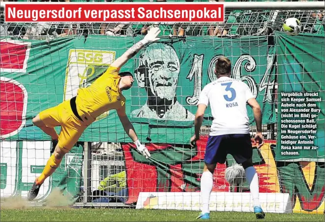  ??  ?? Vergeblich streckt sich Keeper Samuel Aubele nach dem von Alexander Bury (nicht im Bild) geschossen­en Ball. Die Kugel schlägt im Neugersdor­fer Gehäuse ein. Verteidige­r Antonin Rosa kann nur zuschauen.