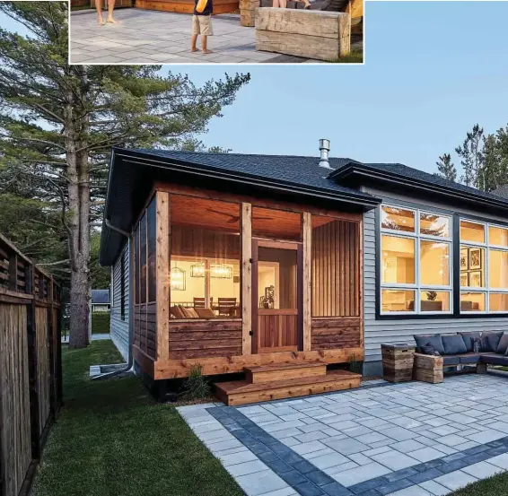  ??  ?? Below: The Maibec stained pine siding matches the siding at the front of the house