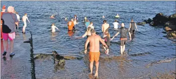  ?? 01_B02dook06 ?? Children, dogs and dookers take to the cold waters of Brodick Bay.