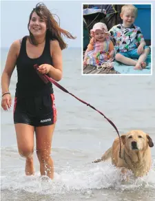  ??  ?? Sarah Cribbin from Co Kildare with Buster the Labrador enjoying the good weather in Portmarnoc­k. Inset, Faolan Murray (three) and Lily-Rose Murray (eight months) from Co Armagh