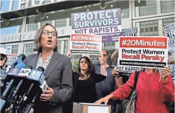  ?? ERIC RISBERG, AP ?? Silicon Valley tends to excuse bad behavior, says Stanford law professor Michele Dauber, left, who spoke at a rally in San Francisco last June calling for the removal of Judge Aaron Persky after the sentencing of Brock Turner, a former Stanford swimmer...