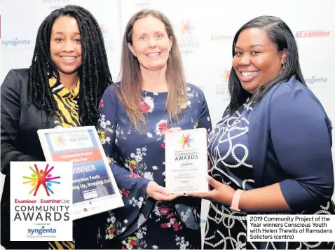  ??  ?? 2019 Community Project of the Year winners Conscious Youth with Helen Thewlis of Ramsdens Solictors (centre)