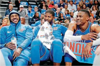  ?? [PHOTO BY BRYAN TERRY, THE OKLAHOMAN] ?? Practice is a must, but so is rest for veteran players like Carmelo Anthony, left, Paul George, center, and Russell Westbrook.