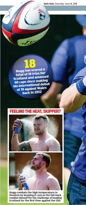  ??  ?? Hogg combats the high temperatur­e in Houston by keeping it cool as the full-back readies himself for the challenge of leading Scotland for the first time against the USA